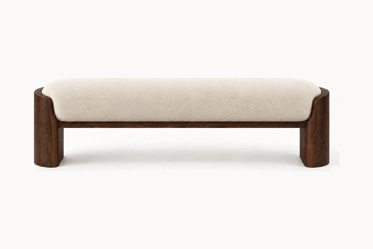 Sagres Bench, front view, in ivory mohair on curved solid walnut legs