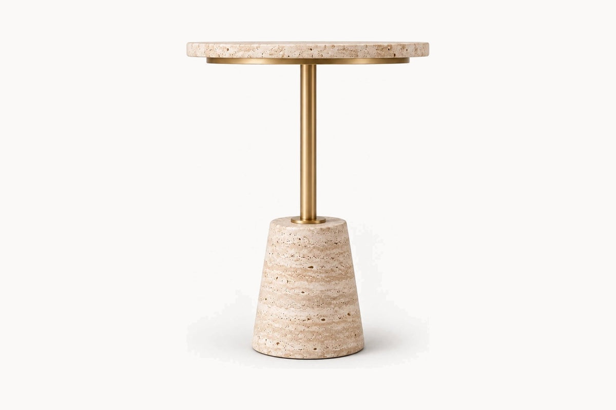 Ostia Pedestal Side Table, three-quarter view, showing the travertine top on a brushed brass stem
