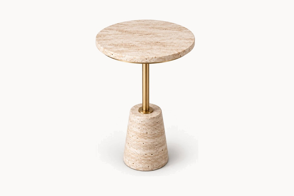 Ostia Pedestal Side Table, side view, showing the brass stem between the travertine top and cone base