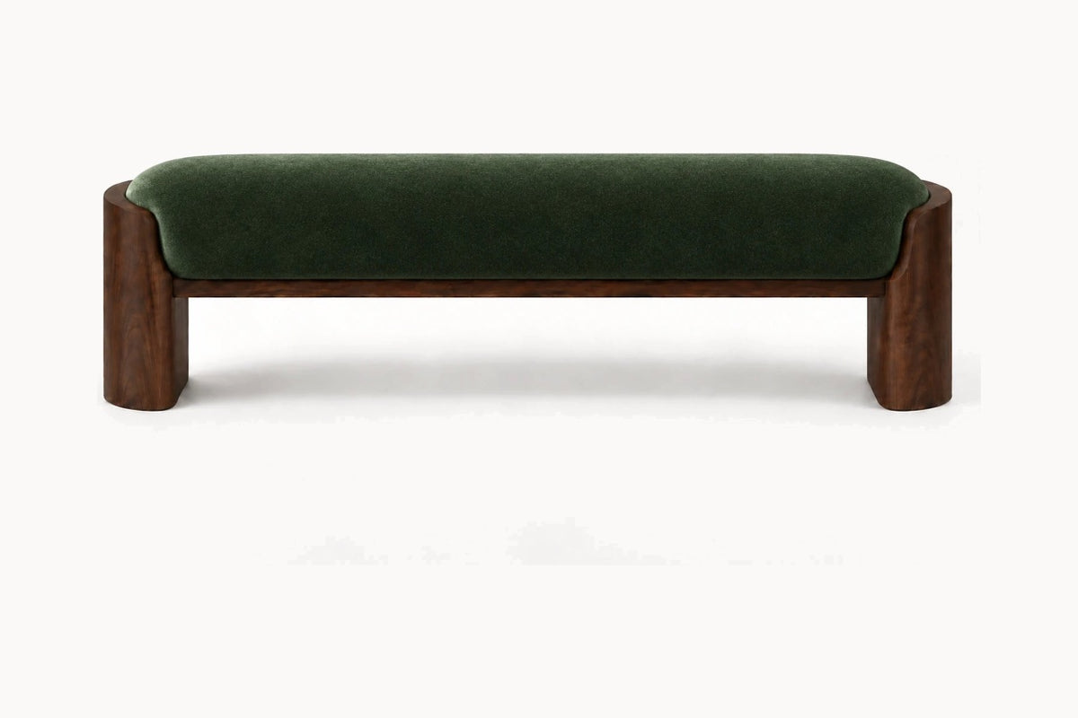 Sagres Bench, front view, in forest mohair on curved solid walnut legs