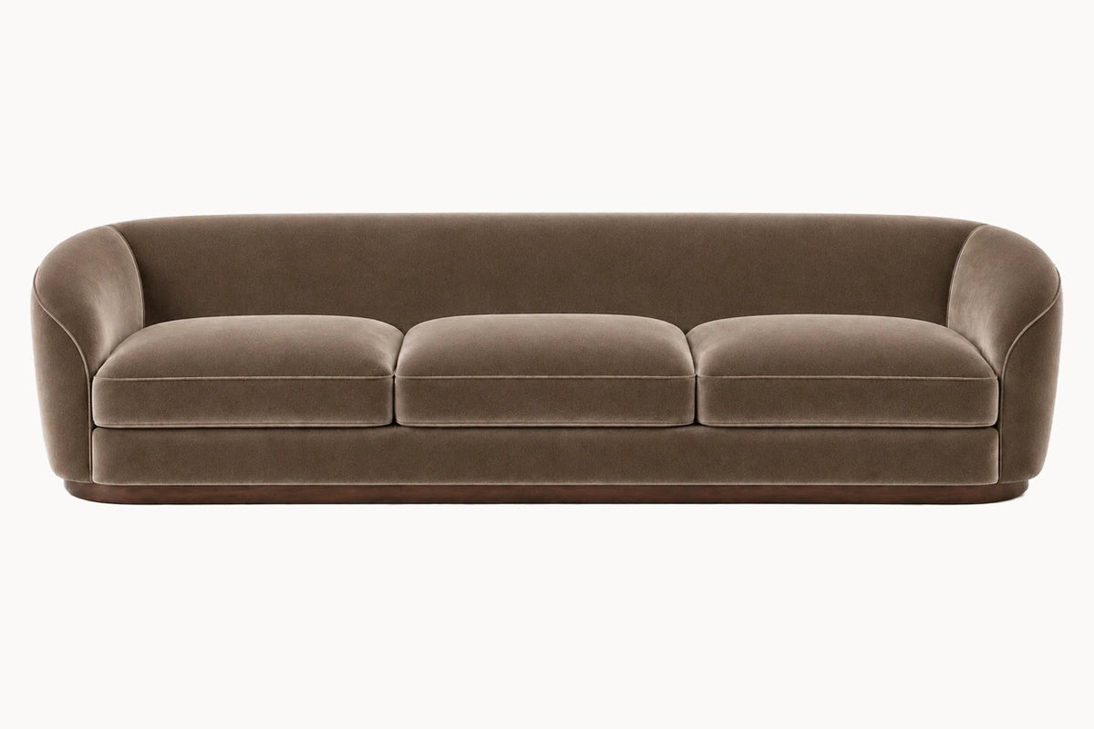 Front view of the Brera tuxedo sofa upholstered in a warm taupe fabric, shown against a plain background.