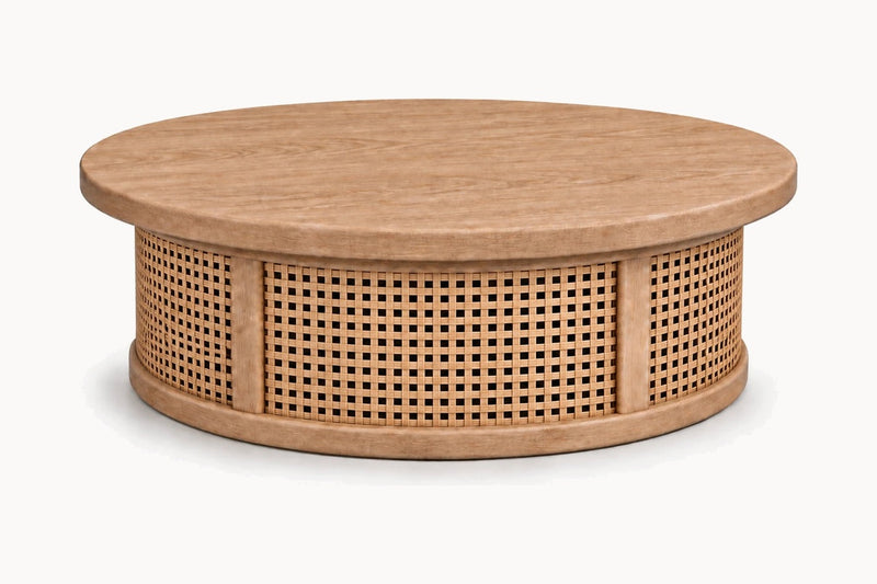 Riviera Round Coffee Table, front view, with a solid oak top on a hand-woven cane drum base