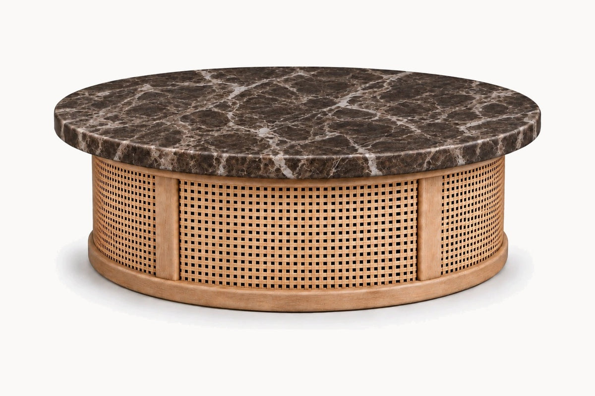 Riviera Round Coffee Table, front view, with an Emperador Dark marble top on a hand-woven cane drum base