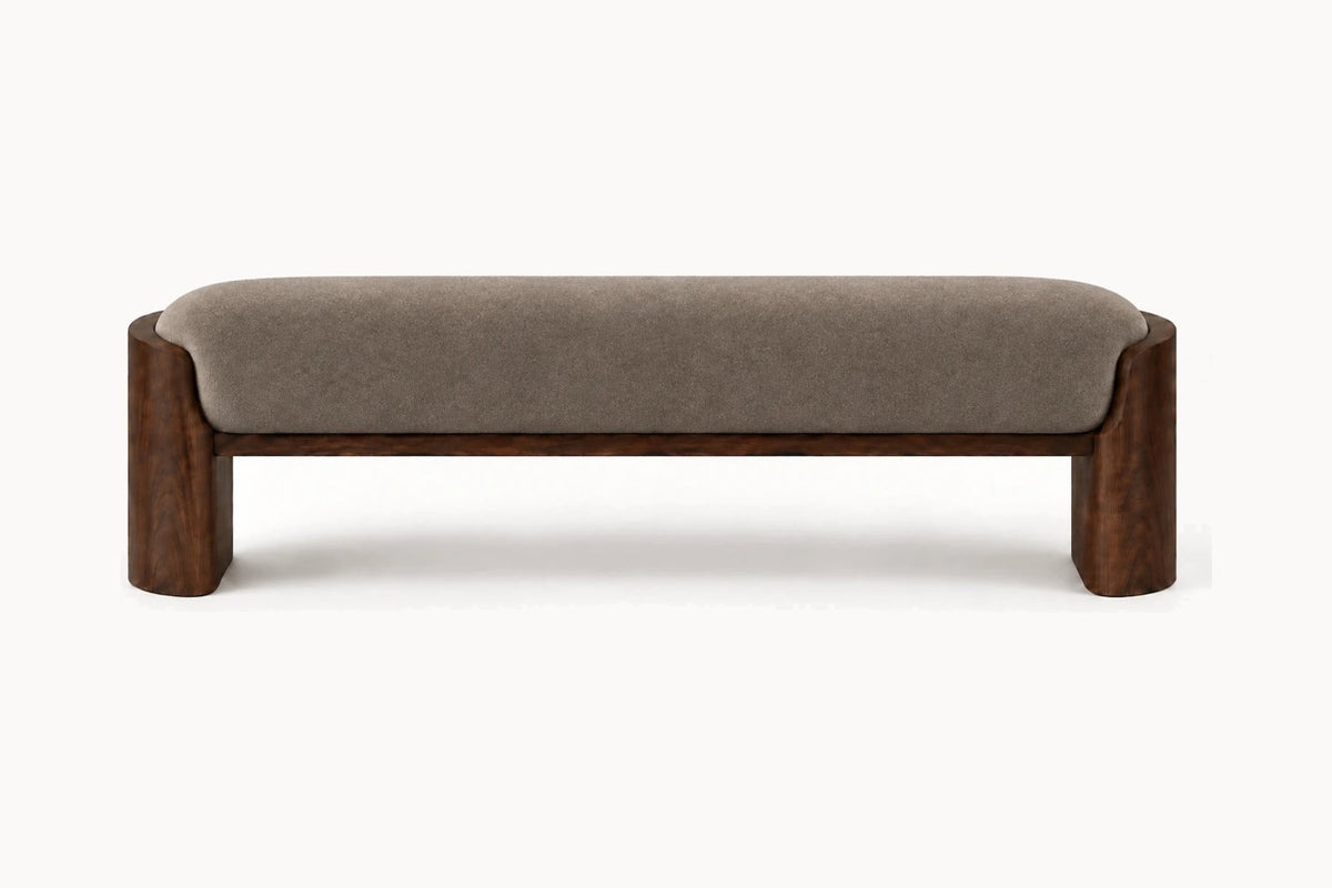 Sagres Bench, front view, in mushroom mohair on curved solid walnut legs