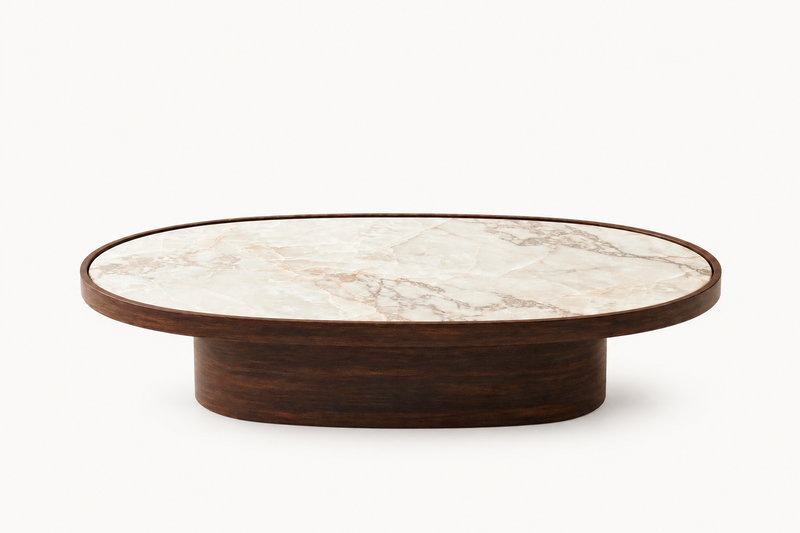 Taormina Oval Coffee Table, front elevation, in White Onyx