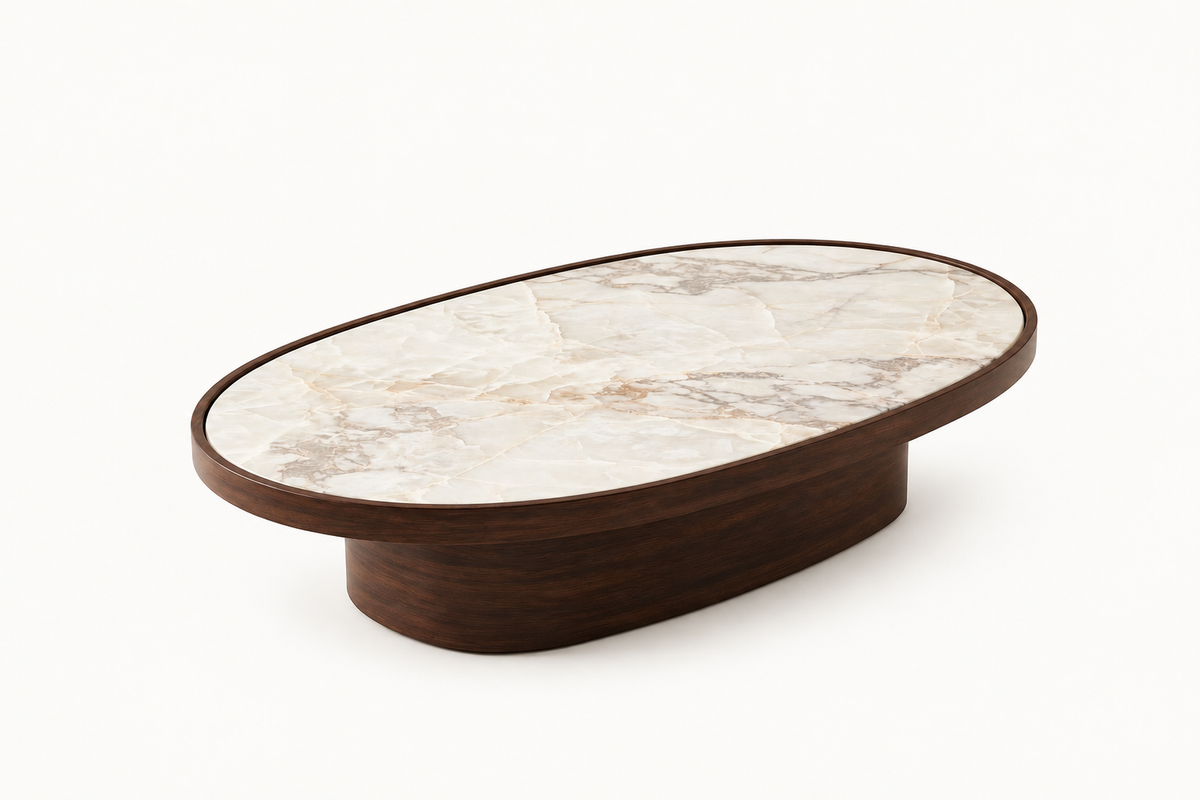 Taormina Oval Coffee Table, three-quarter view, in White Onyx
